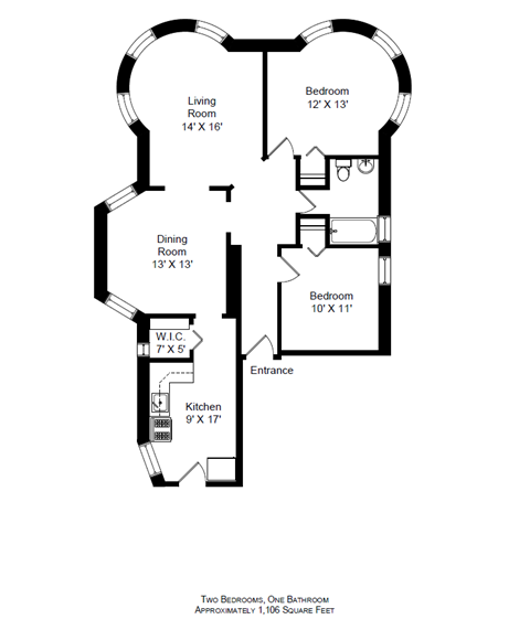 Floor plan for 2 beds, 1 bath, 1106 sqft